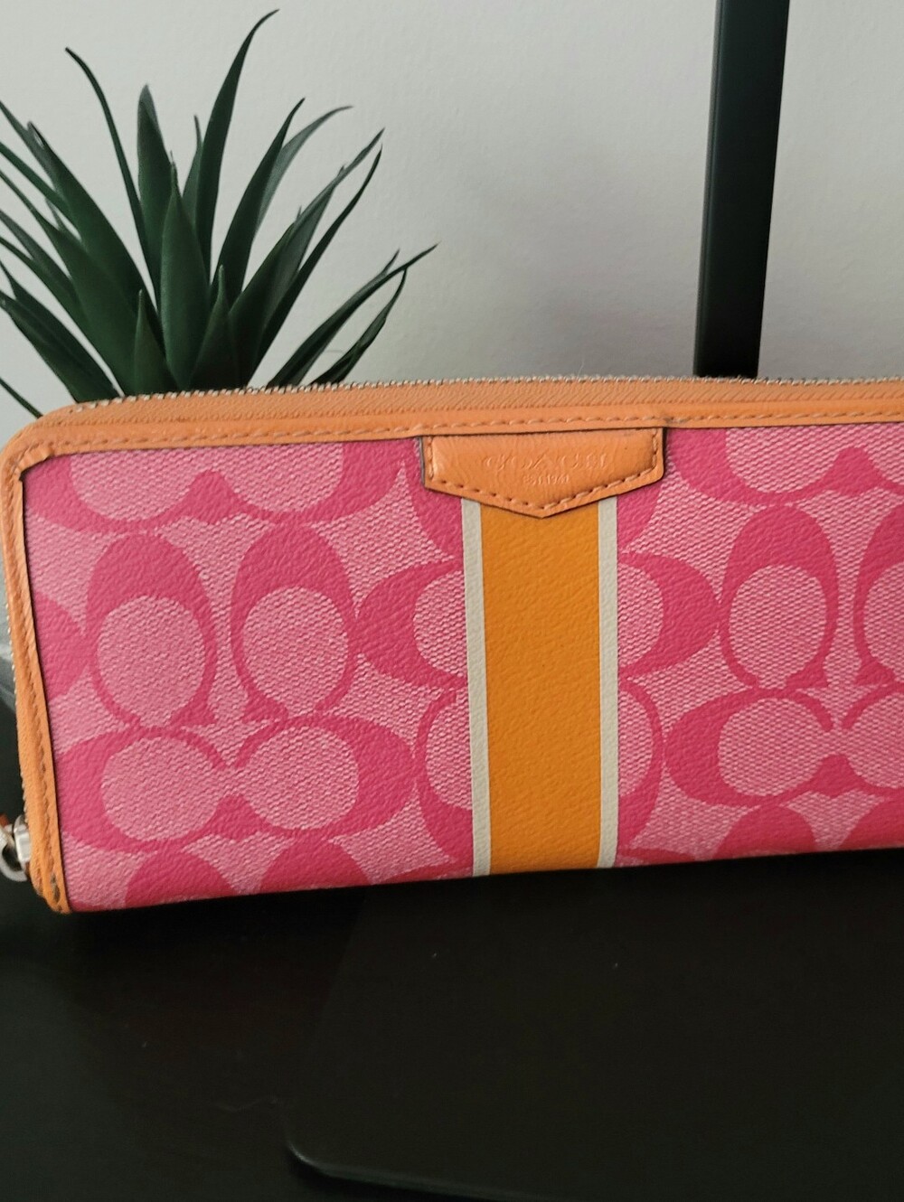 Coach Pink Signature Wallet with Orange Stripe Trim